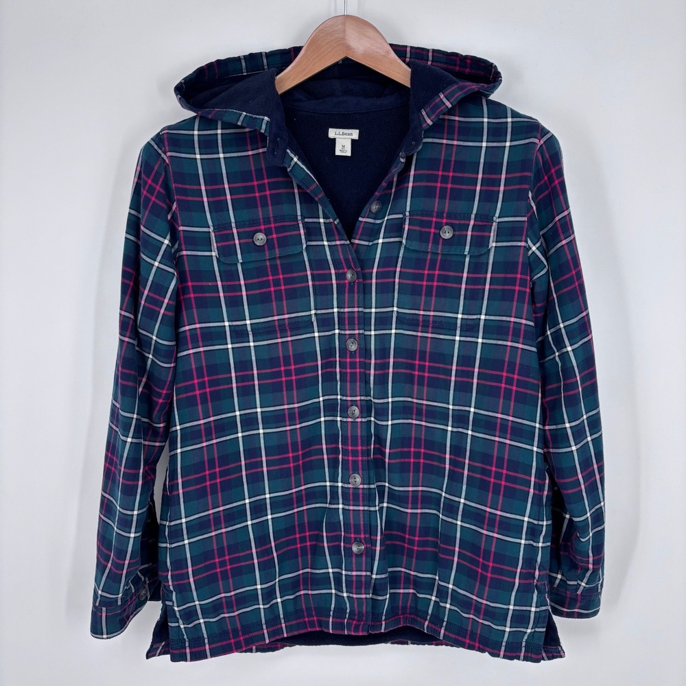 LL Bean Fleece Lined Flannel Hoodie Womens M Blue Plaid Lined Shirt Jacket *FLAW